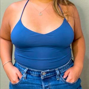 Blue crop halter top with criss cross back